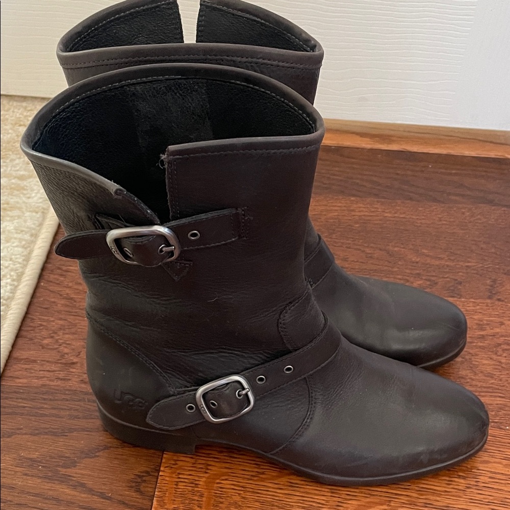 UGG Black Leather Mid-Calf Buckle Ankle Boots
